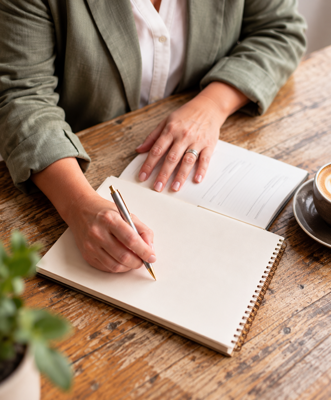 Documenting a signature methodology in a notebook at a wooden table