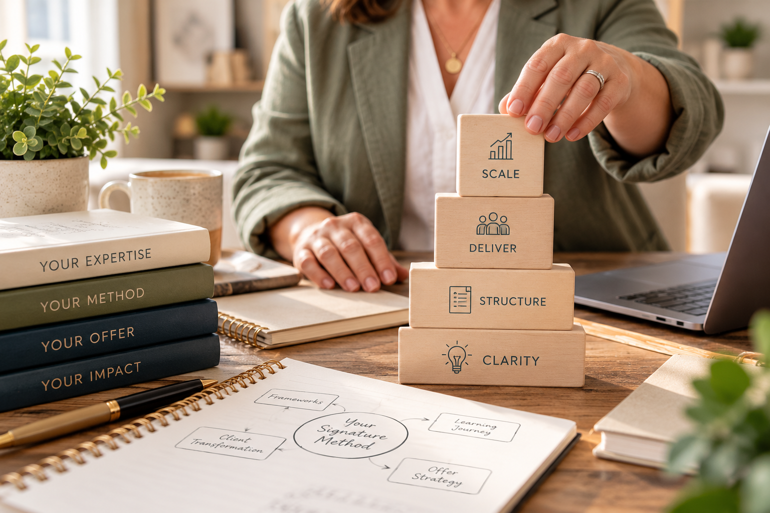 Signature method development workspace with wooden blocks showing Clarity, Structure, Deliver, and Scale, alongside method framework notebooks