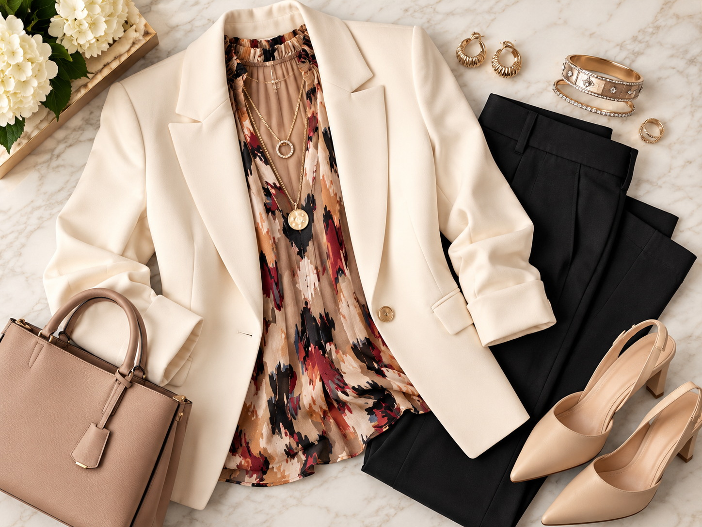 Curated outfit flat lay featuring tailored cream blazer, printed blouse, black trousers, jewelry, heels, and handbag