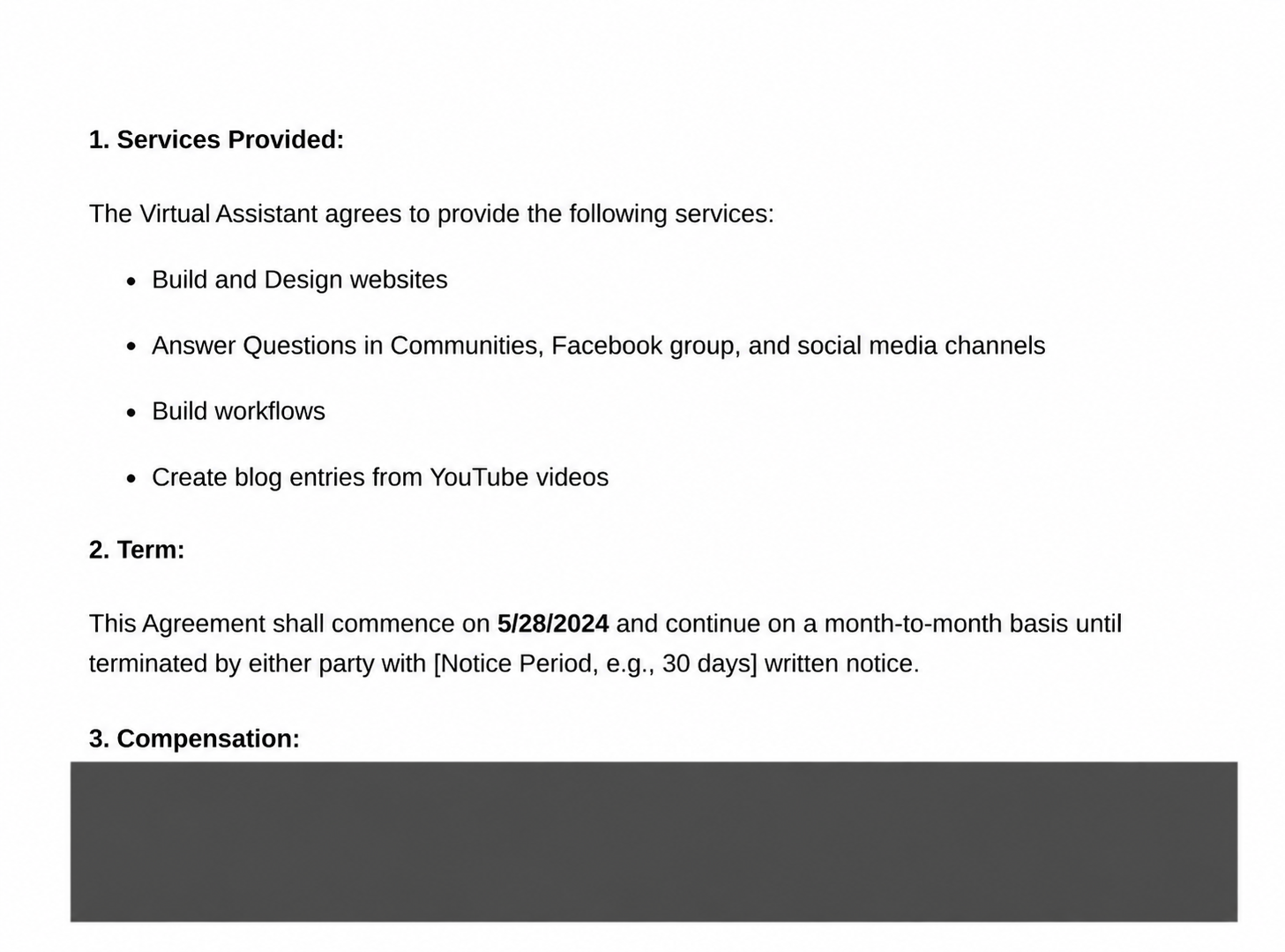 Scope excerpt detailing website builds, community question support, workflow builds and video-to-blog content repurposing
