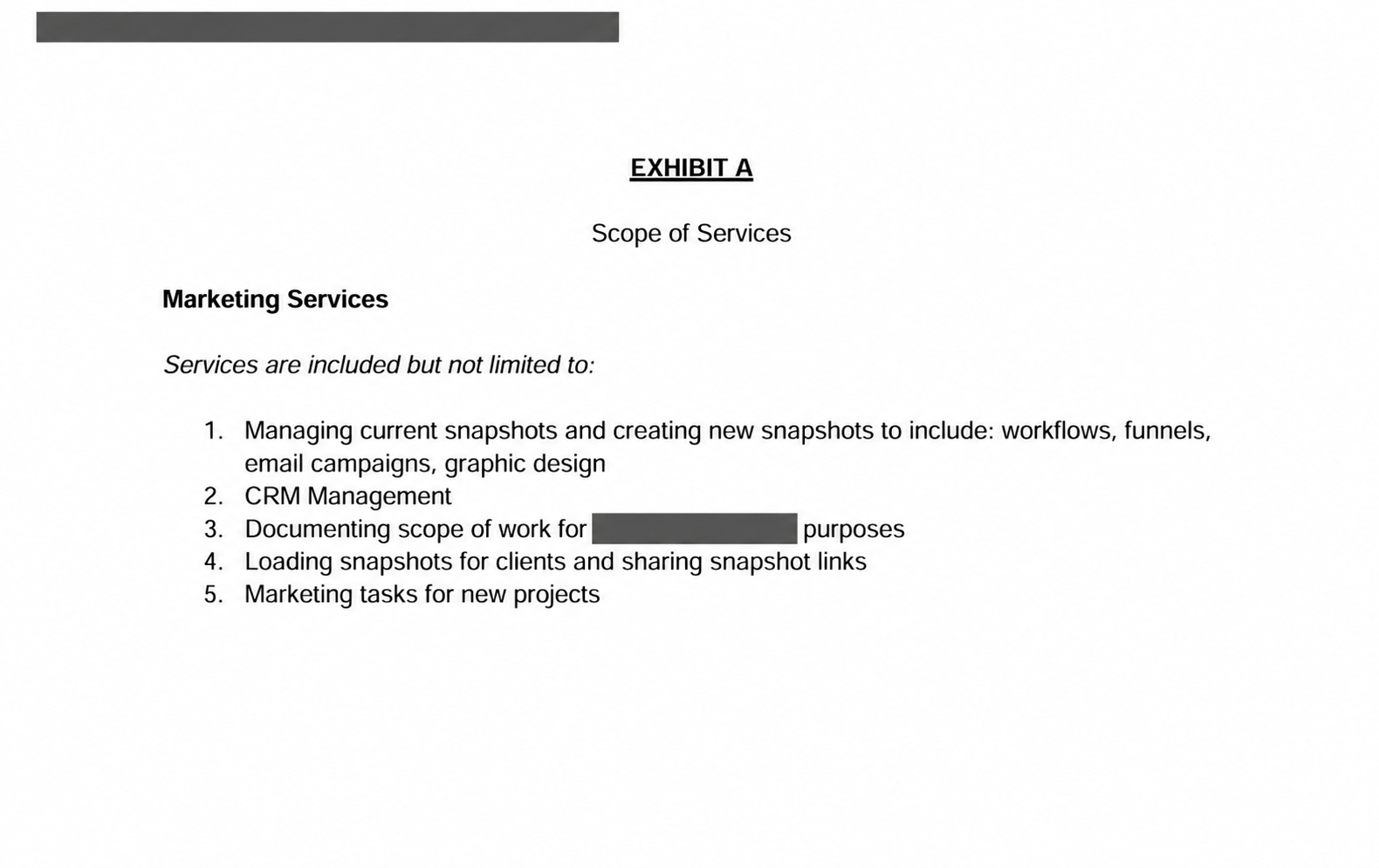 Scope document detailing snapshot management and creation, workflows, funnels, email campaigns, CRM management and client snapshot sharing
