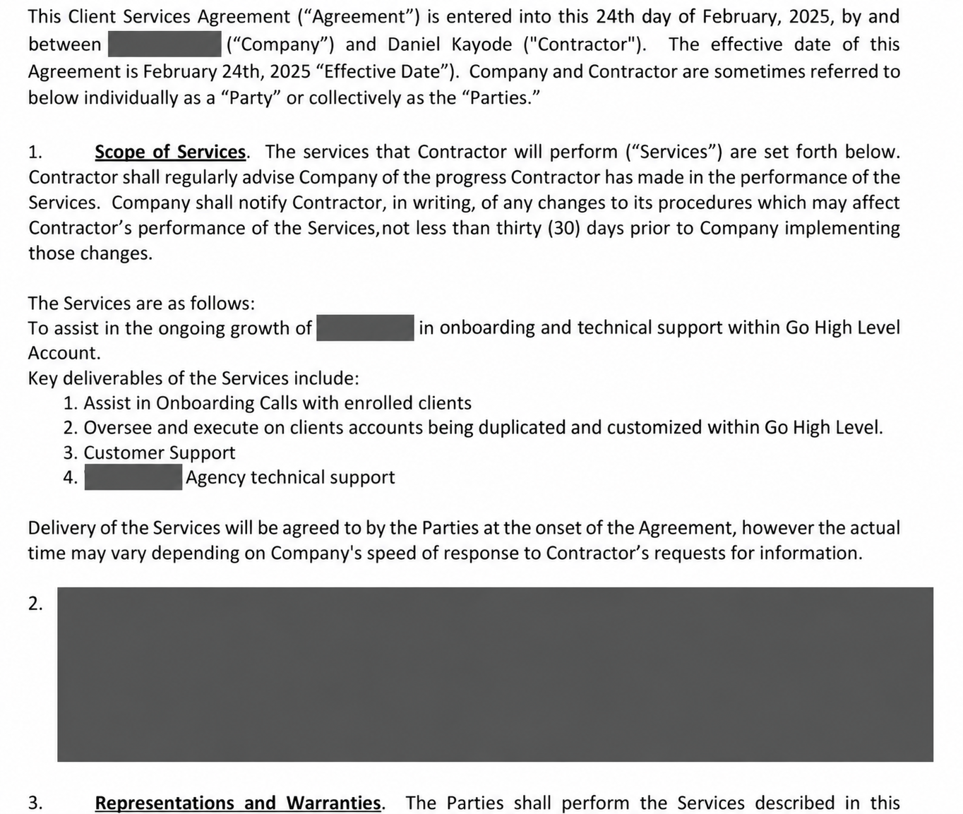 Documented scope of services showing client onboarding calls, account duplication and customization, customer support, and agency technical support