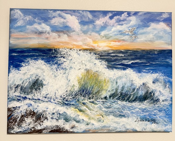 Crashing ocean waves seascape painting with seagulls at sunset