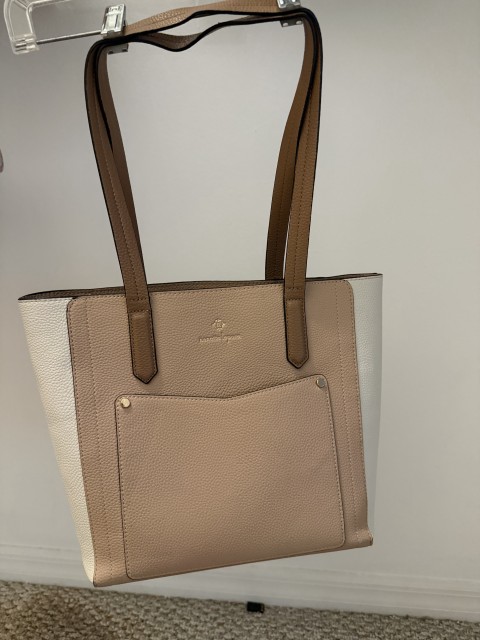 Two-tone beige and cream leather shoulder tote handbag