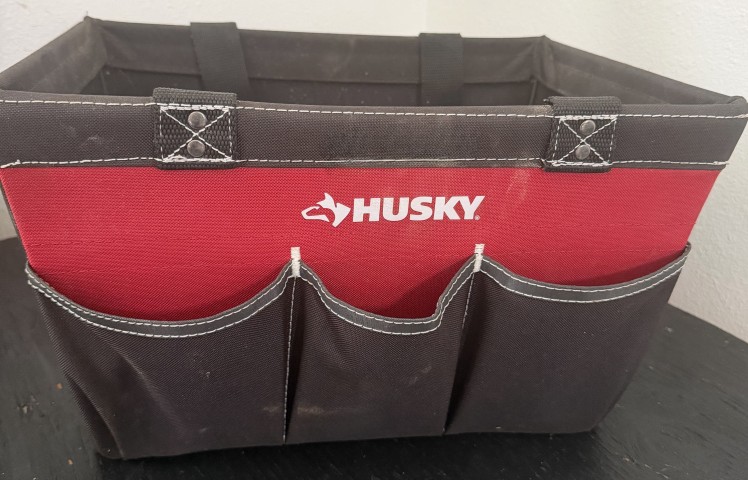 Husky heavy-duty red and black canvas tool tote bag with organizer pockets