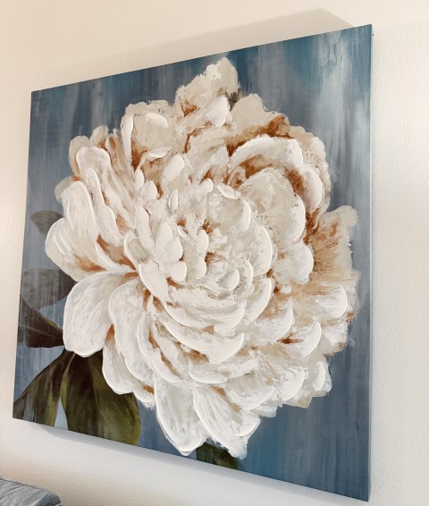 Textured white peony flower painting on canvas with impasto brushwork