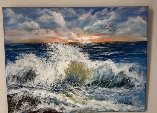 Dramatic ocean waves crashing seascape painting at sunset with seagulls