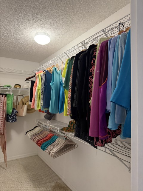 Walk-in closet with organized clothing, shirts, jackets, and hangers