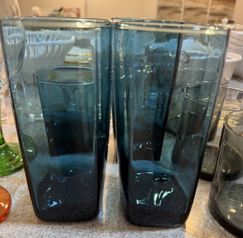 Tall rectangular teal-blue tinted glassware tumblers