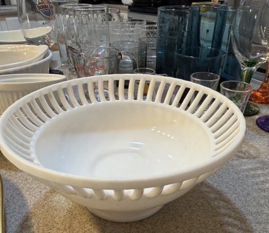 White open-weave ceramic decorative pedestal centerpiece bowl