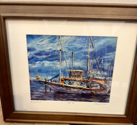 Framed St. Augustine harbor sailboats painting titled High Tide