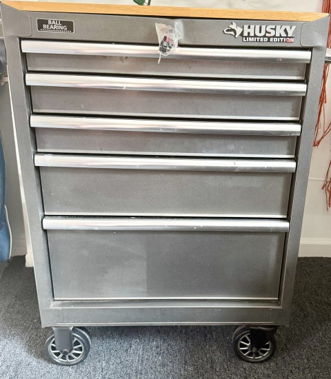 Husky Limited Edition rolling 5-drawer tool chest cabinet with wood worktop