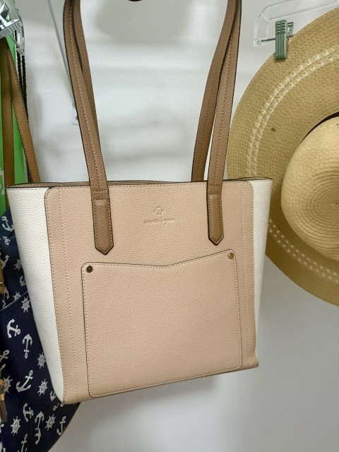 Designer cream and tan leather tote handbag with double shoulder straps