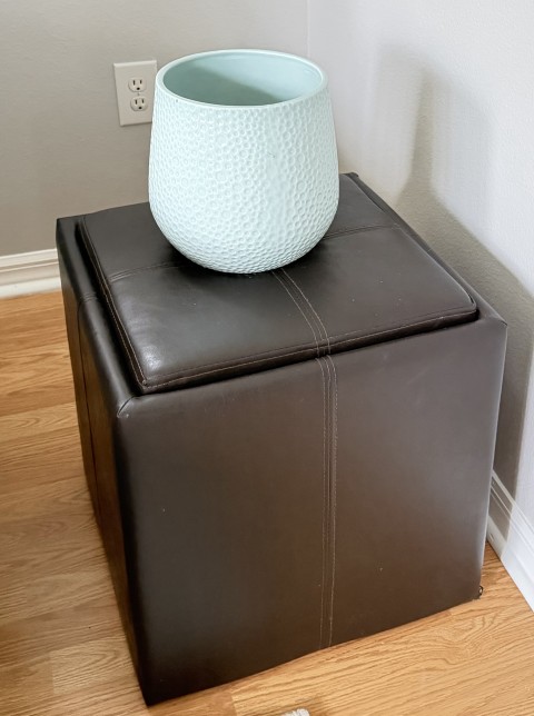 Dark brown leather cube storage ottoman with textured mint ceramic planter