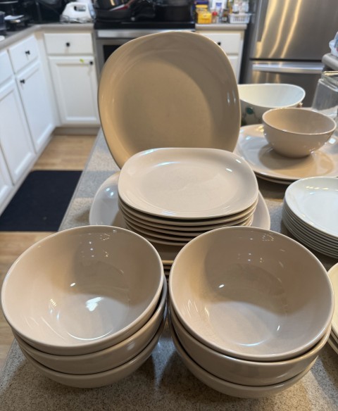 Beige modern square dinnerware set with plates and matching soup bowls