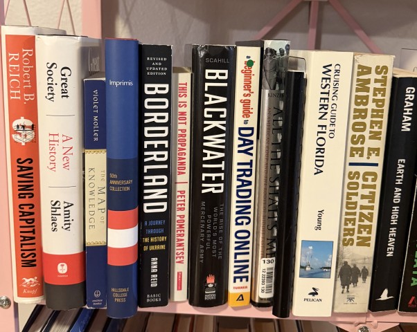 Selection of hardcover history, economics, and biography books on a shelf