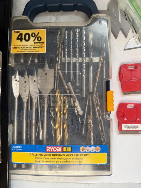 Ryobi 31-piece drilling and driving accessory kit in transparent case