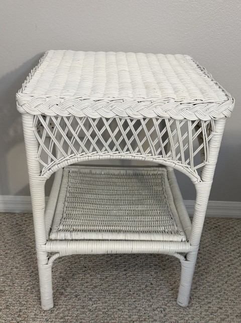 White wicker two-tier nightstand side table
