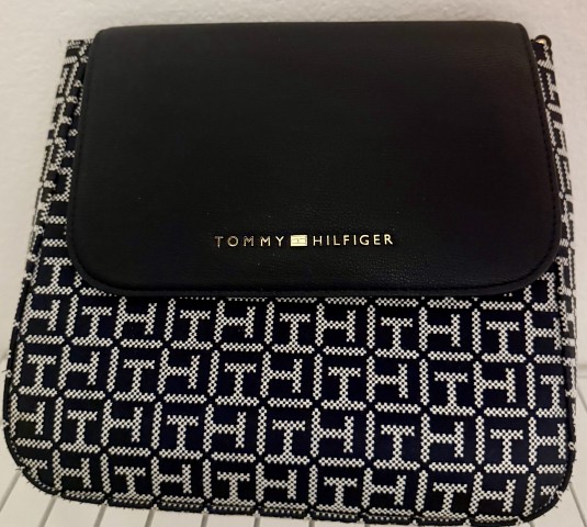 Tommy Hilfiger geometric monogram pattern crossbody bag with black flap