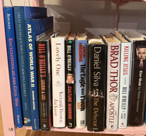 Books on shelf including Encyclopedia of the Civil War, Atlas of World War II, and biographies