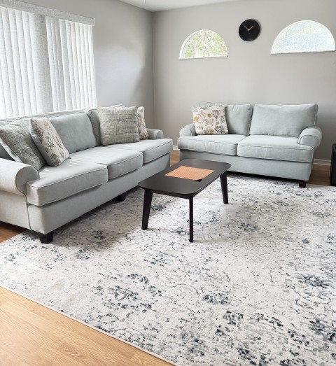 Living room set with two light blue sofas, dark coffee table, and patterned area rug
