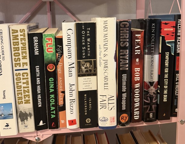 Row of bestselling historical fiction, history, and thriller novels on a bookshelf