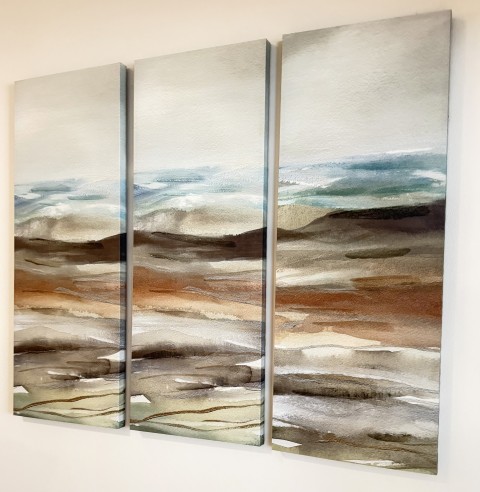 Three-panel coastal landscape watercolor canvas wall art triptych