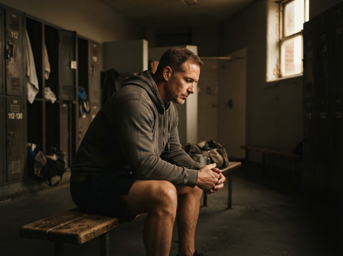 A mature, athletic man in a quiet, contemplative moment in warm light