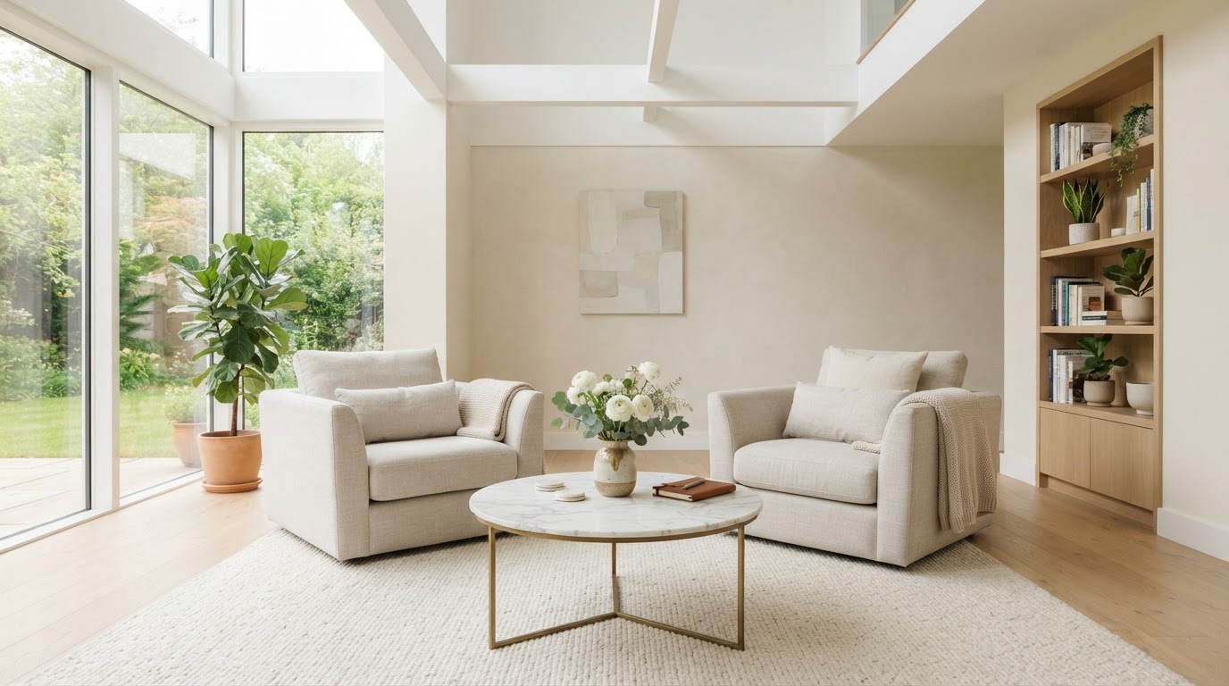 Two comfortable contemporary armchairs facing each other in a bright, uplifting relationship therapy space
