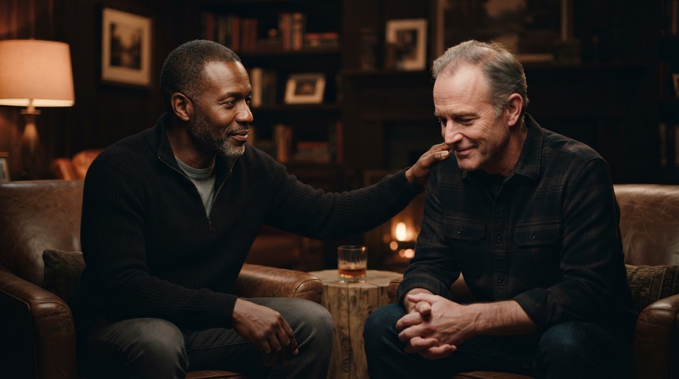 Two mature men, one Black and one white, sharing a quiet, supportive conversation in warm light