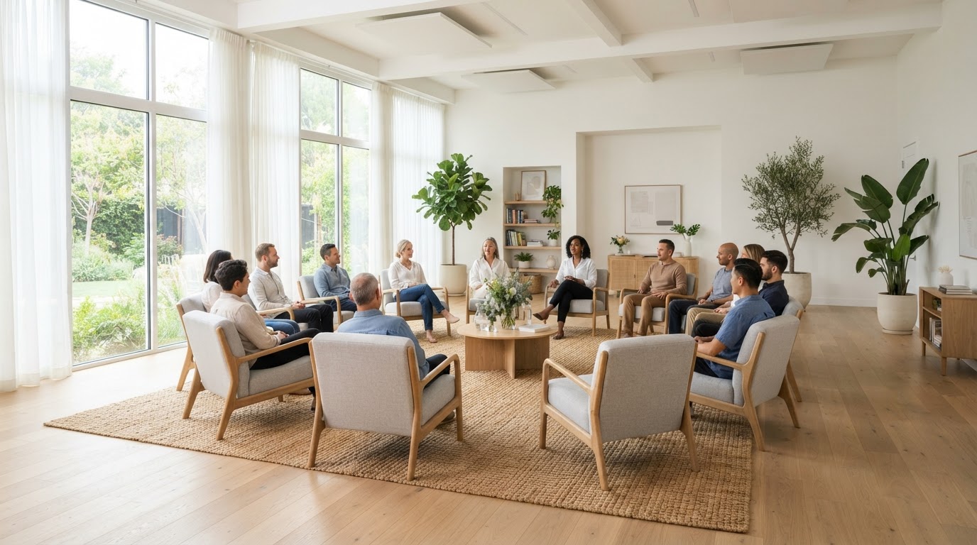 Comfortable chairs arranged in an open circle in a bright, modern wellness studio room
