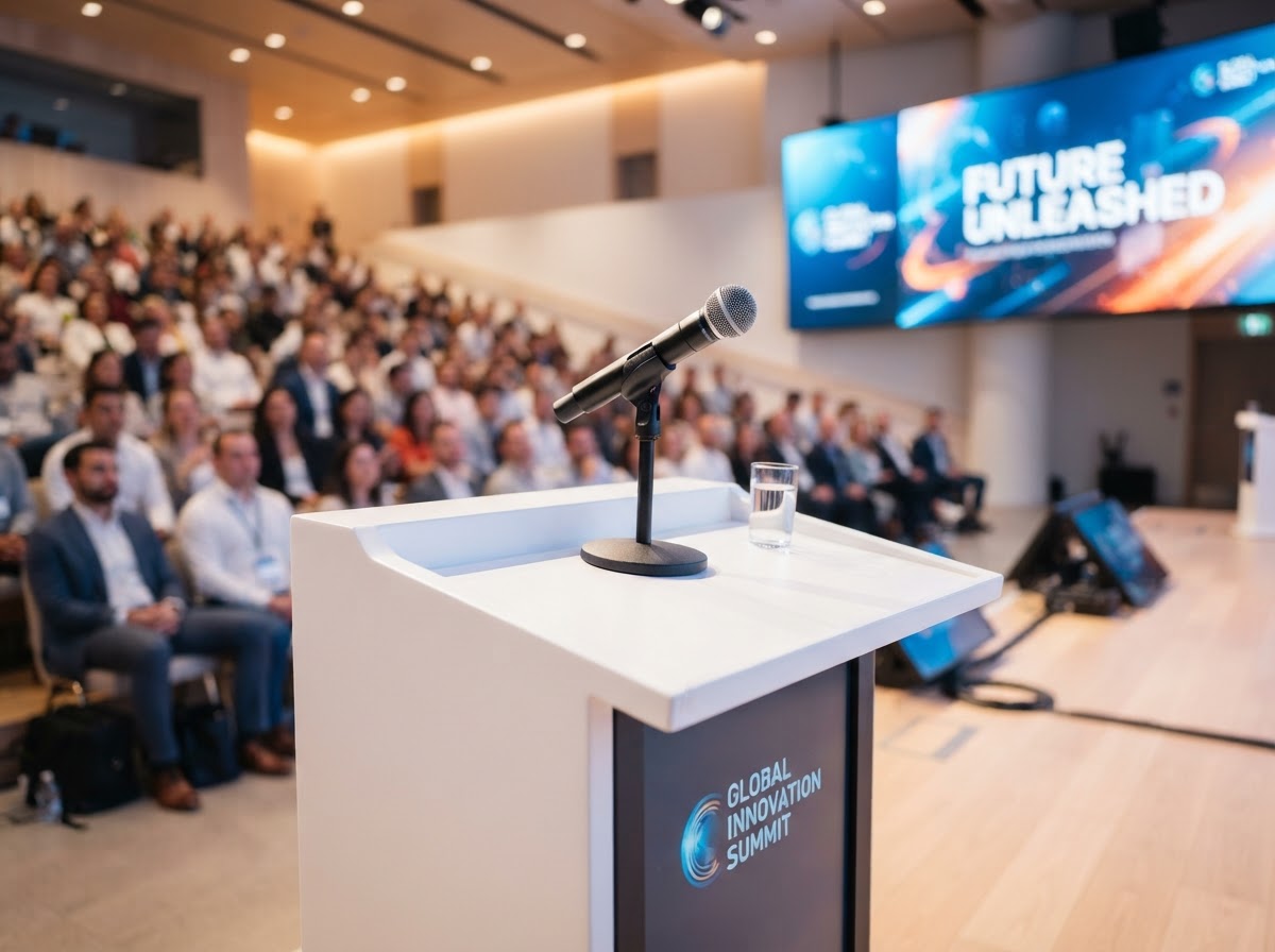 A sleek modern microphone on a podium in a contemporary bright presentation auditorium