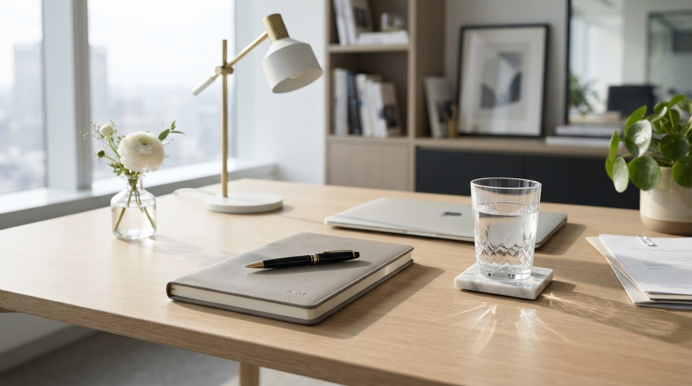 An organized modern consultation desk with clean notebook and pen in bright natural morning daylight