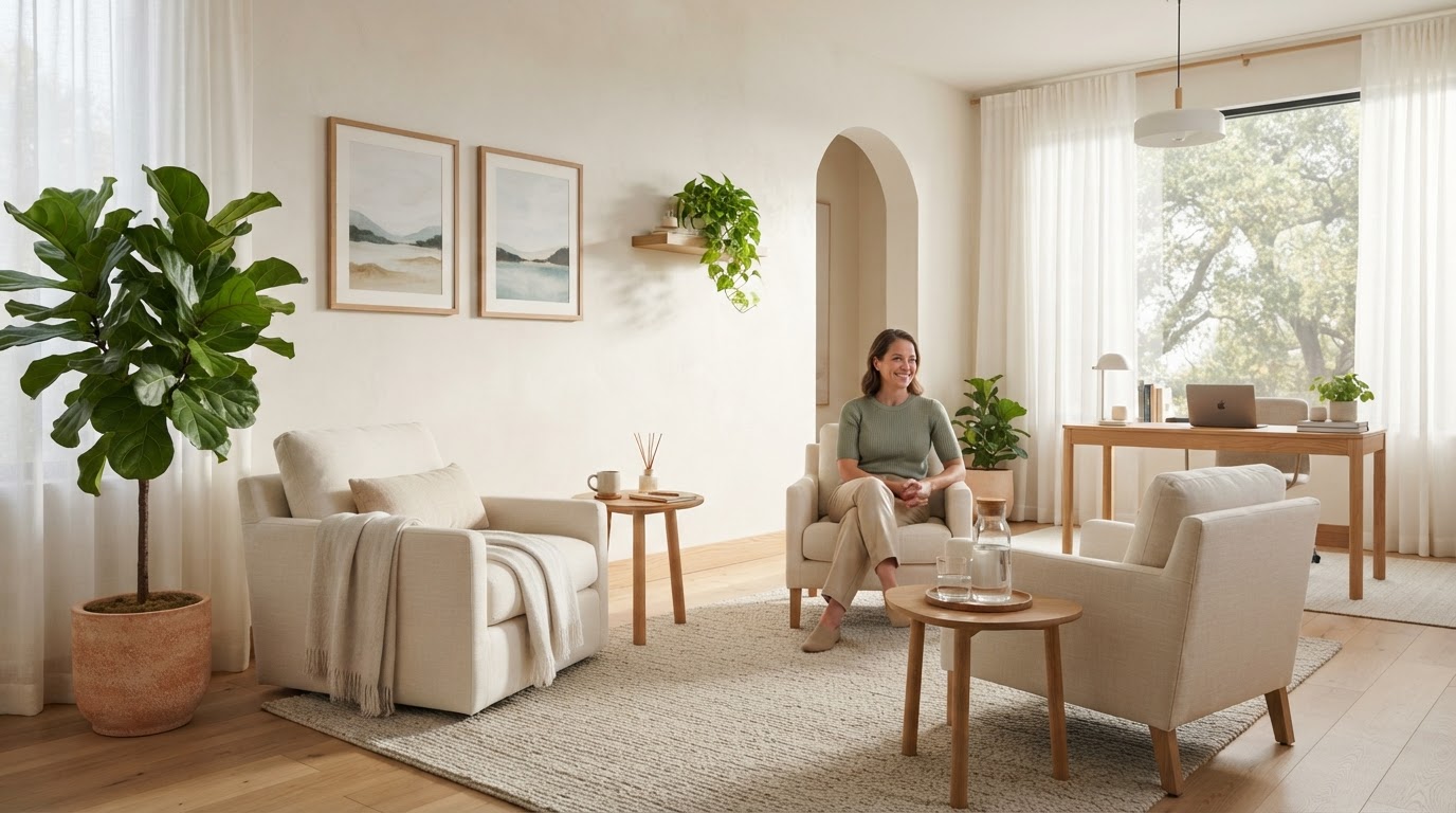 A bright, airy modern therapy room with an armchair and natural sunlight streaming through sheer curtains
