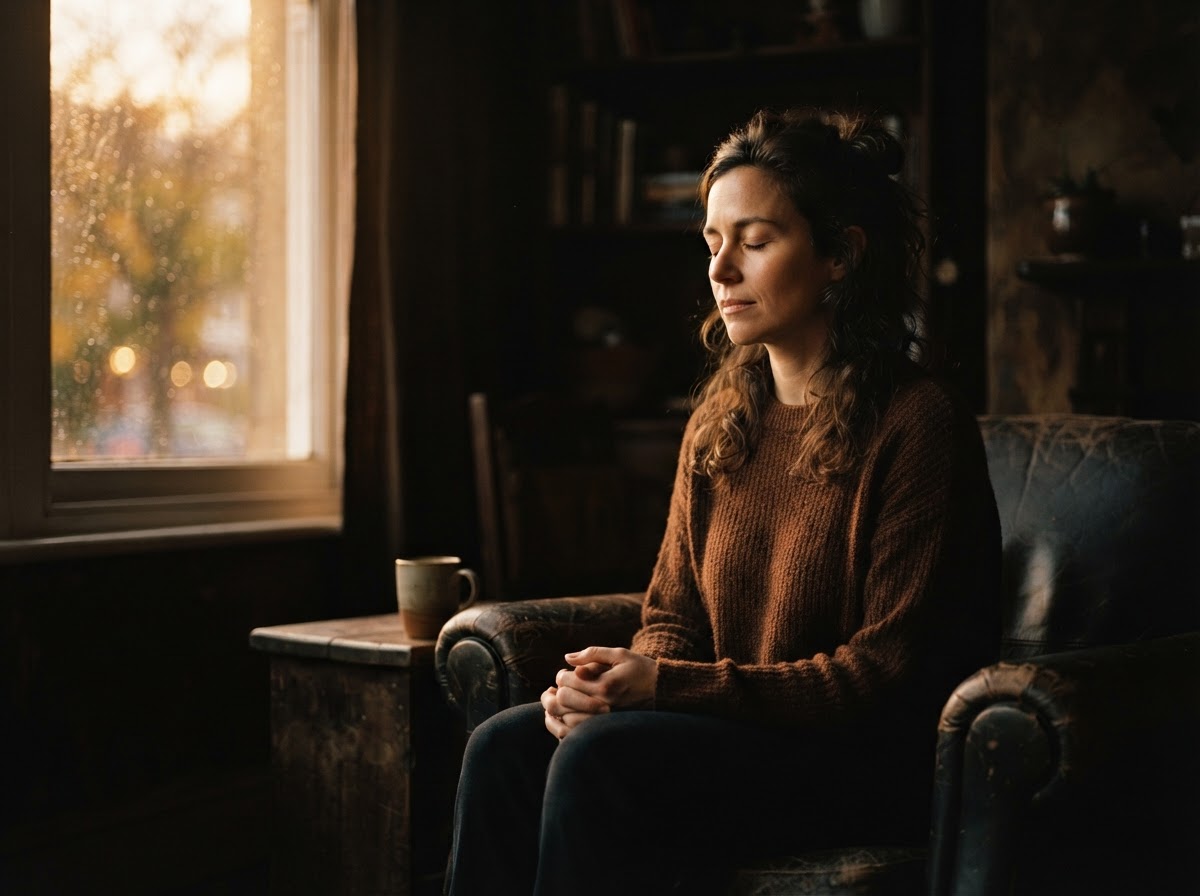 A person sitting quietly alone in warm light, a moment of stillness and reflection