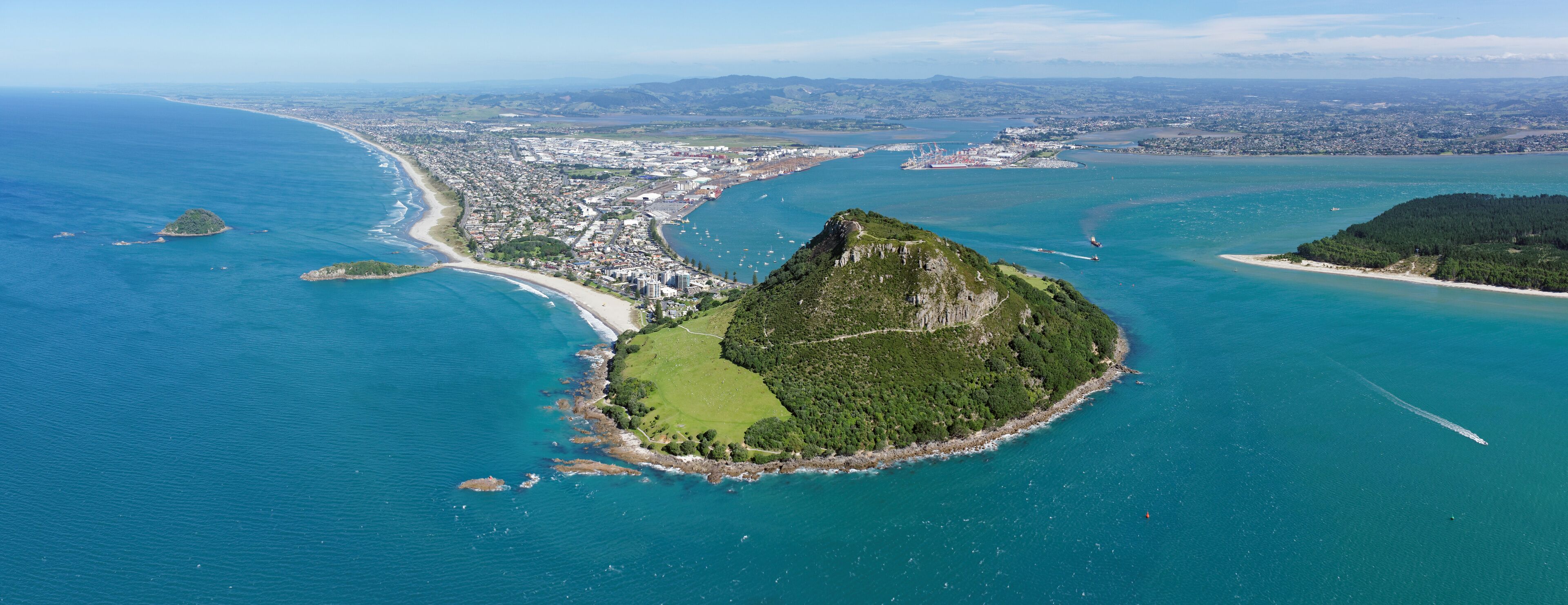 Aerial view of Mount Maunganui and Tauranga harbour