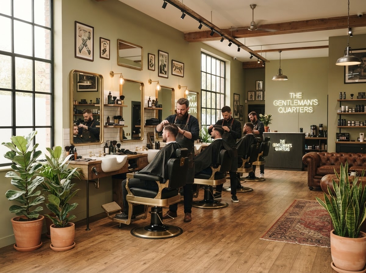 The MANE DISTRICT barbershop interior with warm wood flooring, olive-green walls, and black leather barber chairs