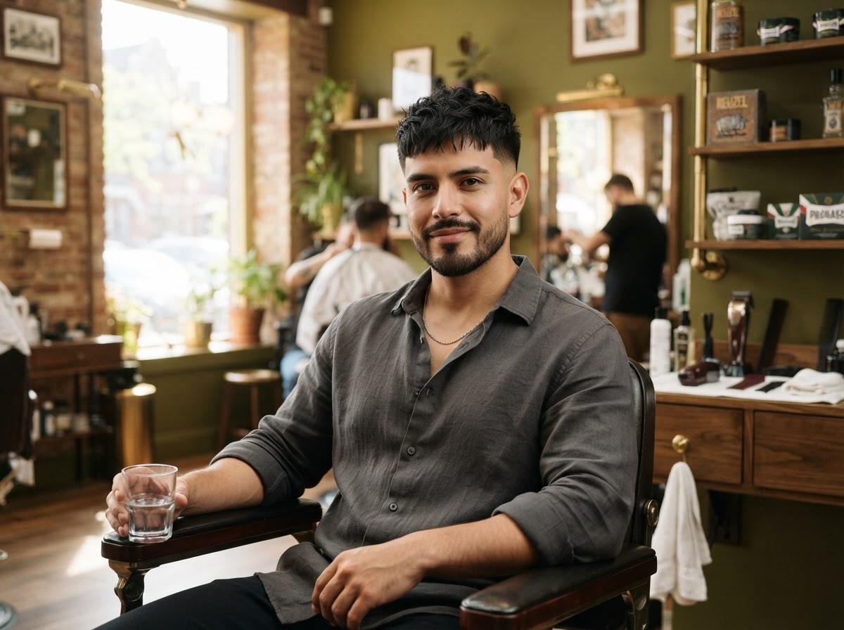 A stylish man with a modern textured haircut in a bright barbershop