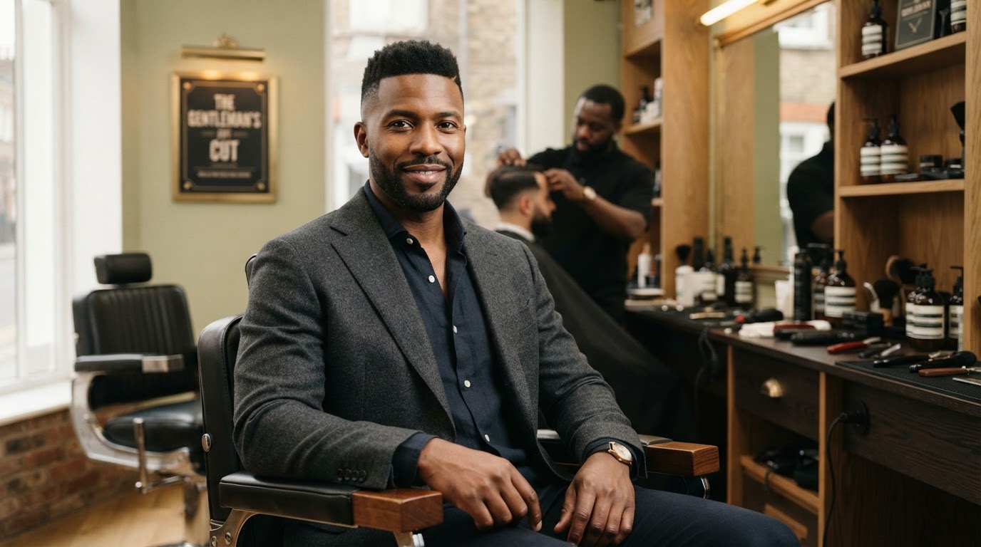 A confident professional man with a sharp modern haircut in a bright, refined barbershop