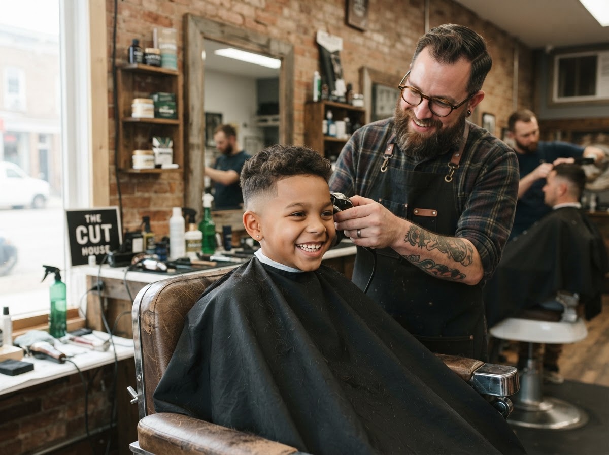A smiling boy getting a fresh fade haircut from a friendly barber