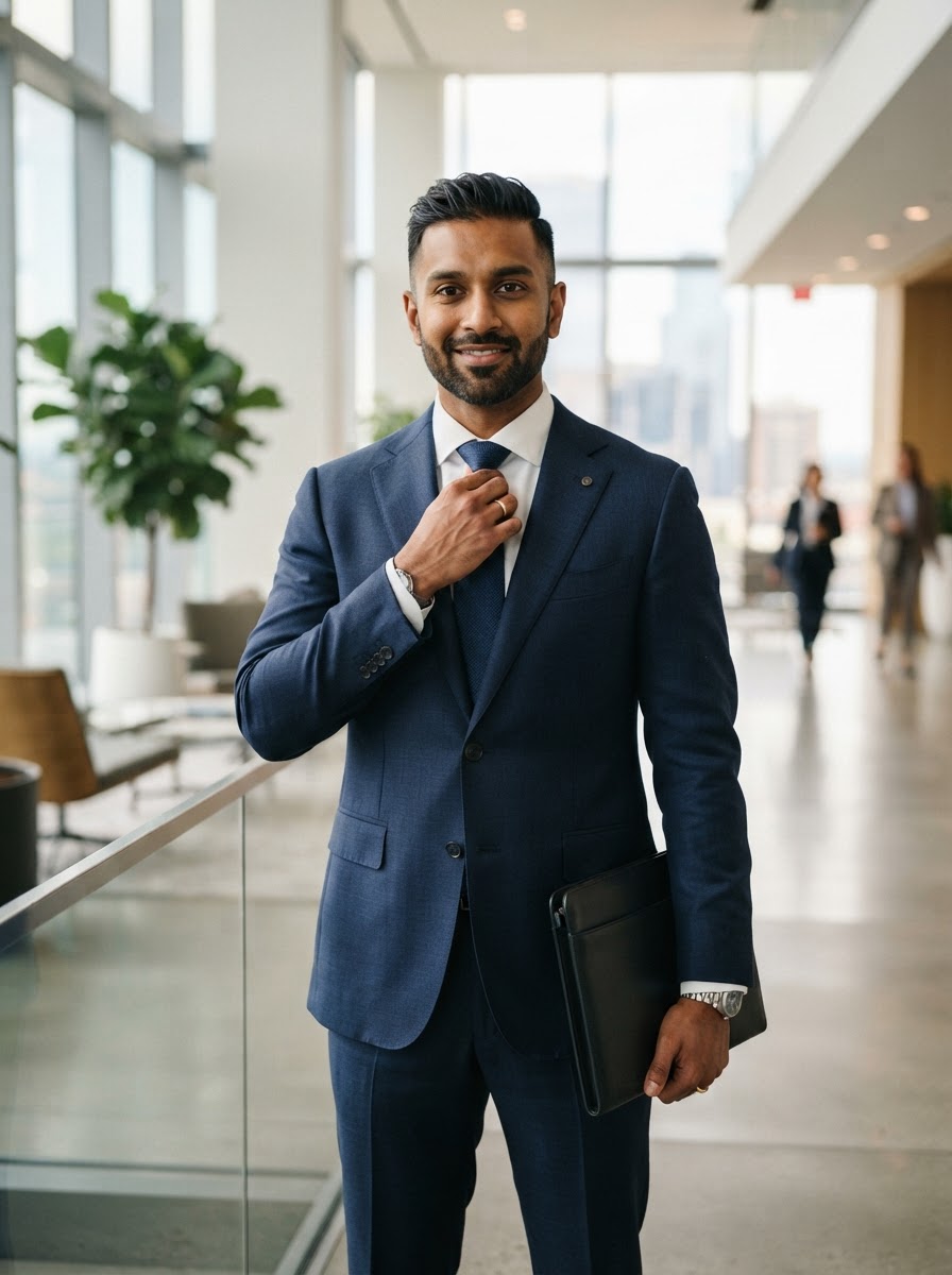 A well-groomed professional man in a tailored suit preparing for an interview