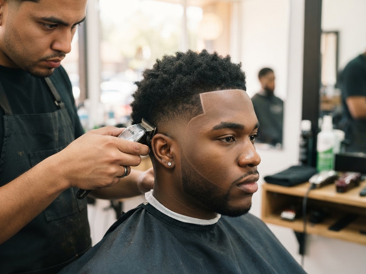 Close-up of a clean skin fade with a crisp line-up