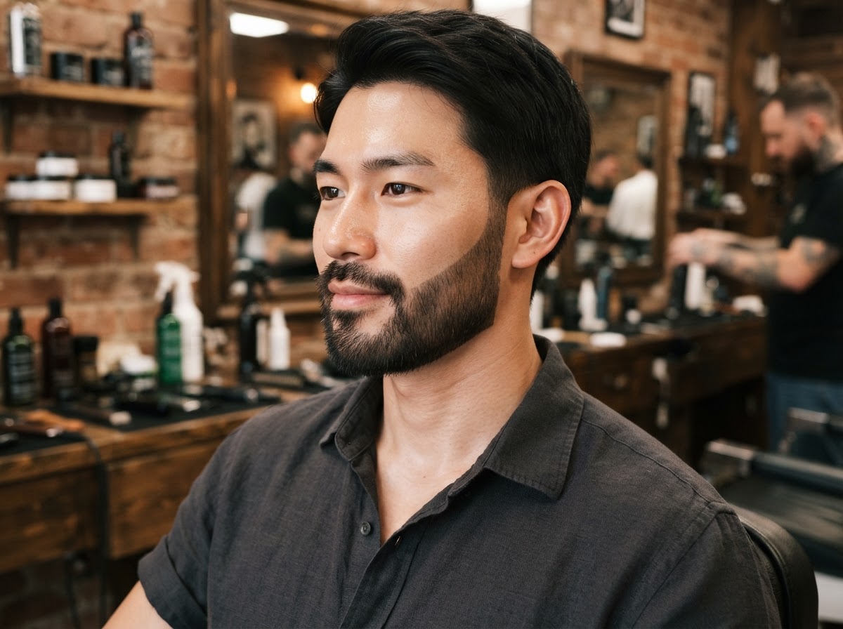 Close-up of a neatly groomed beard with defined cheek lines