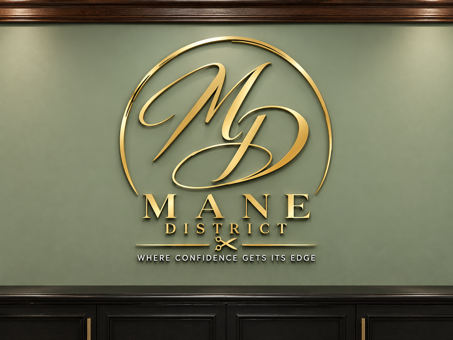 The MANE DISTRICT emblem mounted on a sage olive wall above a dark wood buffet cabinet
