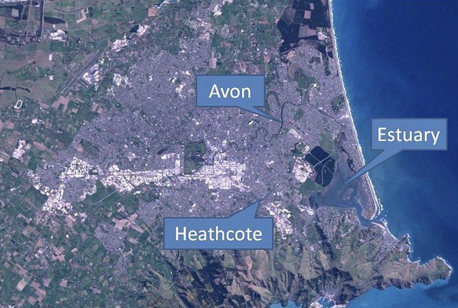 Satellite overview of Christchurch East showing Avon River, Heathcote River, and the Estuary