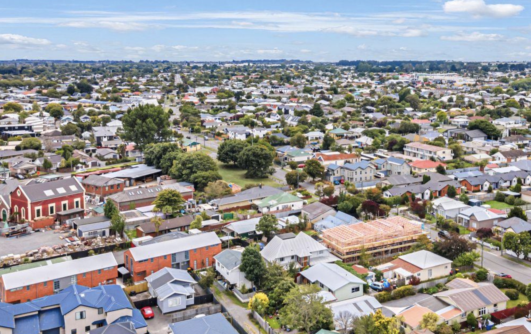 Aerial view over Phillipstown showing character homes, heritage buildings and modern developments