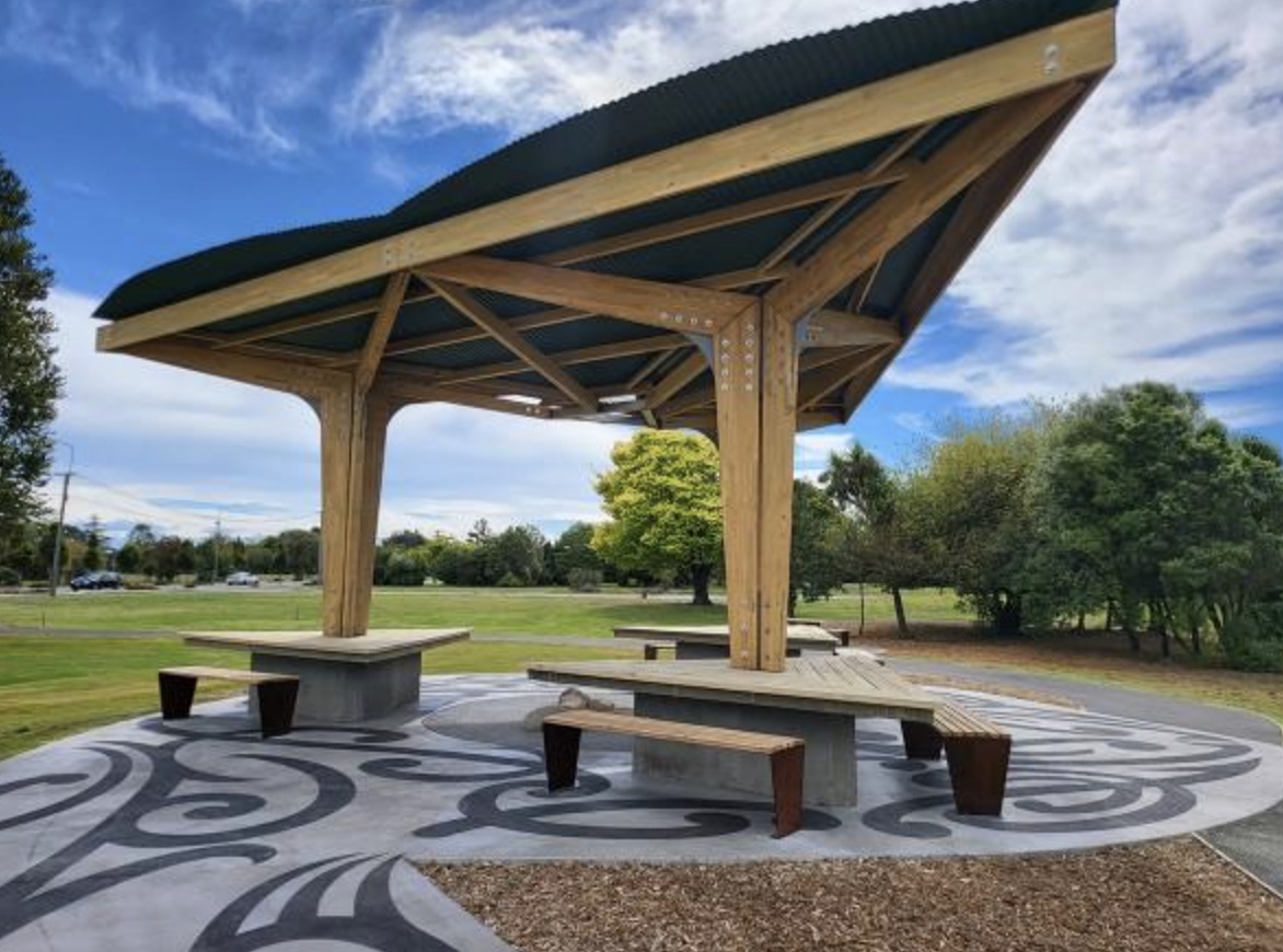 Dallington Landing pavilion and kōwhaiwhai paved area along the Avon River