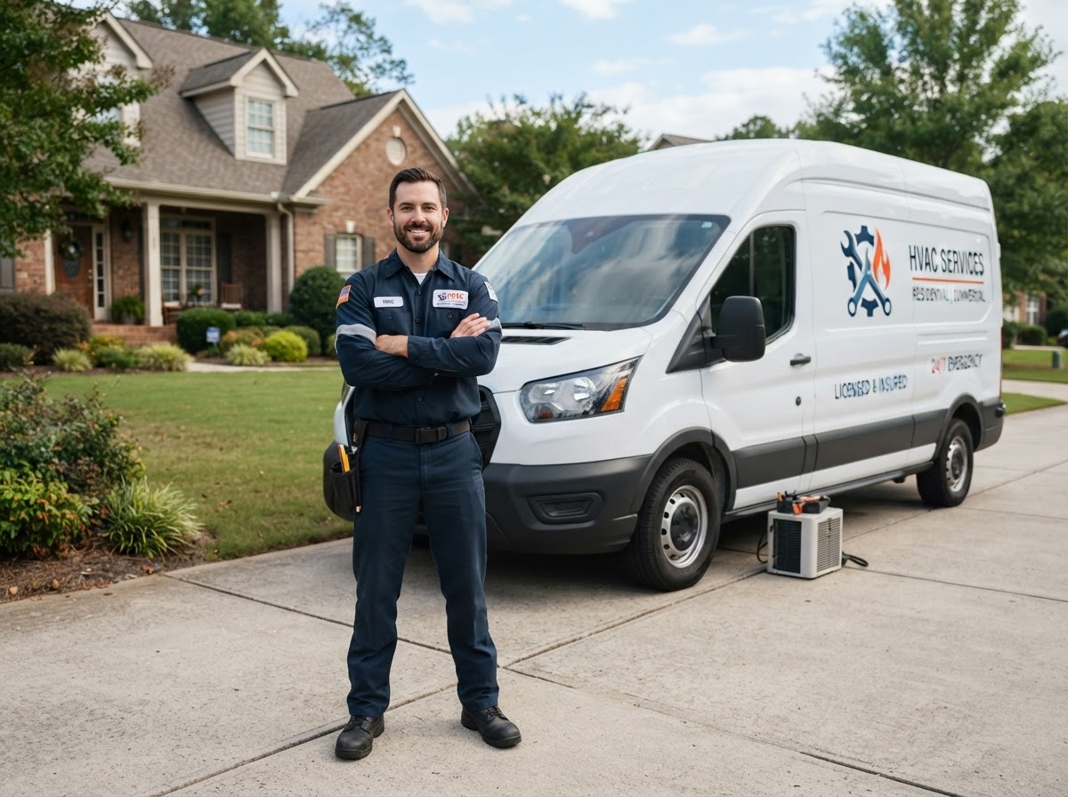 Sutton Heating and Air technician beside a clean service vehicle