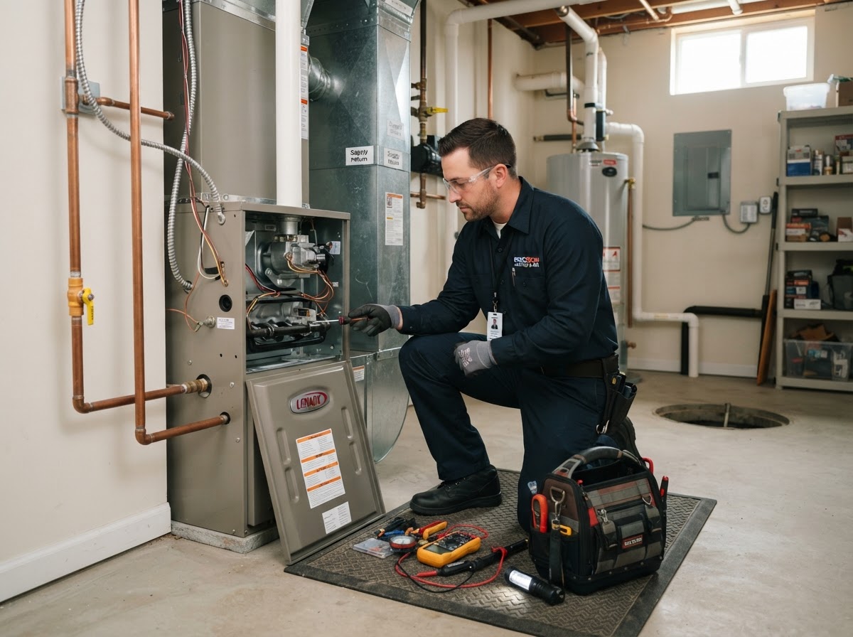 Sutton Heating and Air technician servicing a residential gas furnace