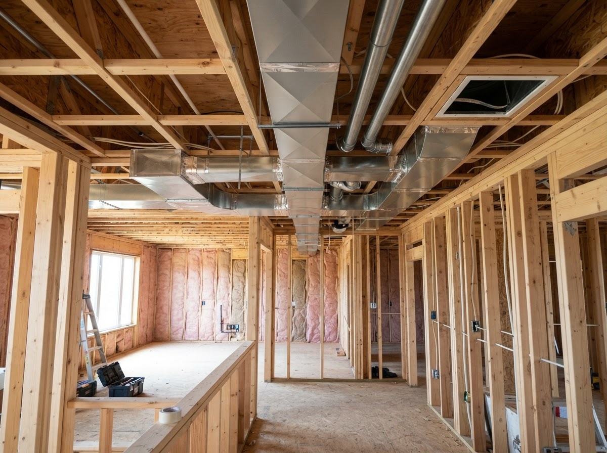 HVAC ductwork and sheet metal installation inside a new residential construction site